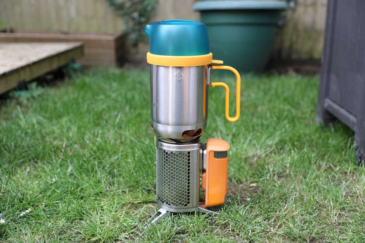 Biolite Campstove 2+ with the kettle accessory on top.