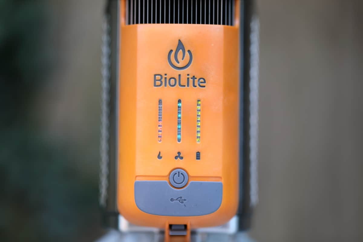 Close up of Biolite CampStove power pack LEDs and single button.