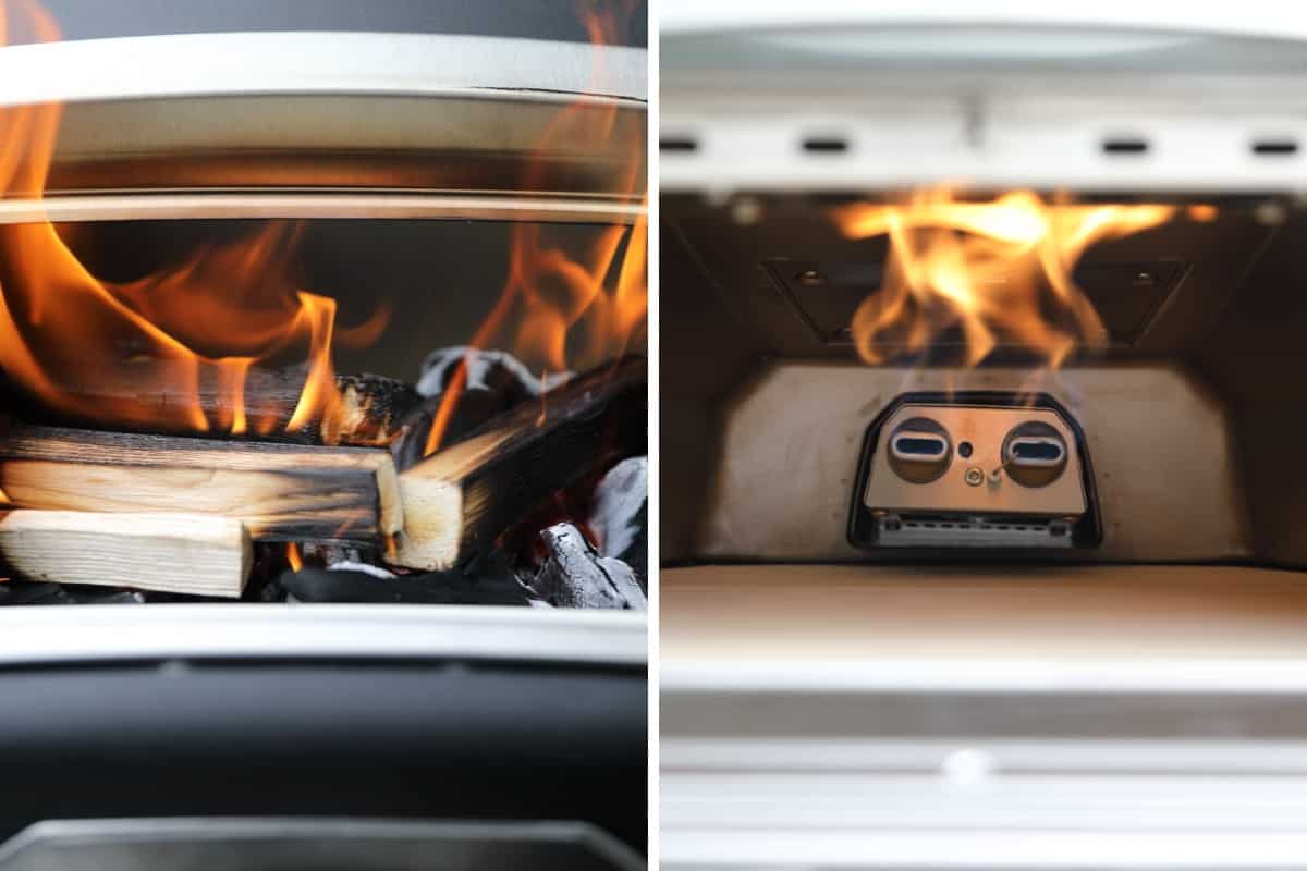 Two photos side by side, showing the Ooni Karu 16 running on gas, and the inside the fuel hatch showing charcoal and wood.