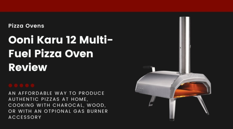 An Ooni Karu 12 multi-fuel pizza oven isolated on black, next to text describing this article as a review.