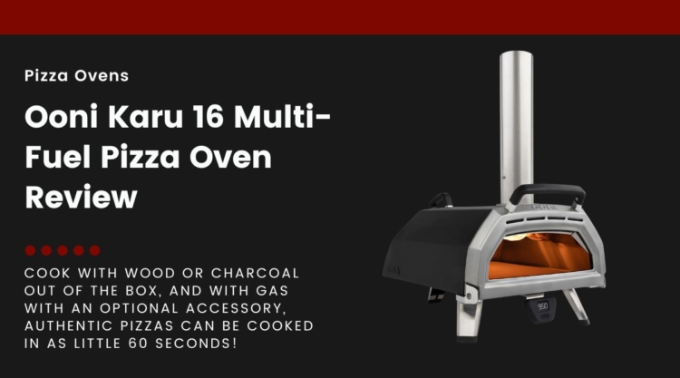 An Ooni Karu 16 pizza oven isolated on black, next to text describing this article as a review.