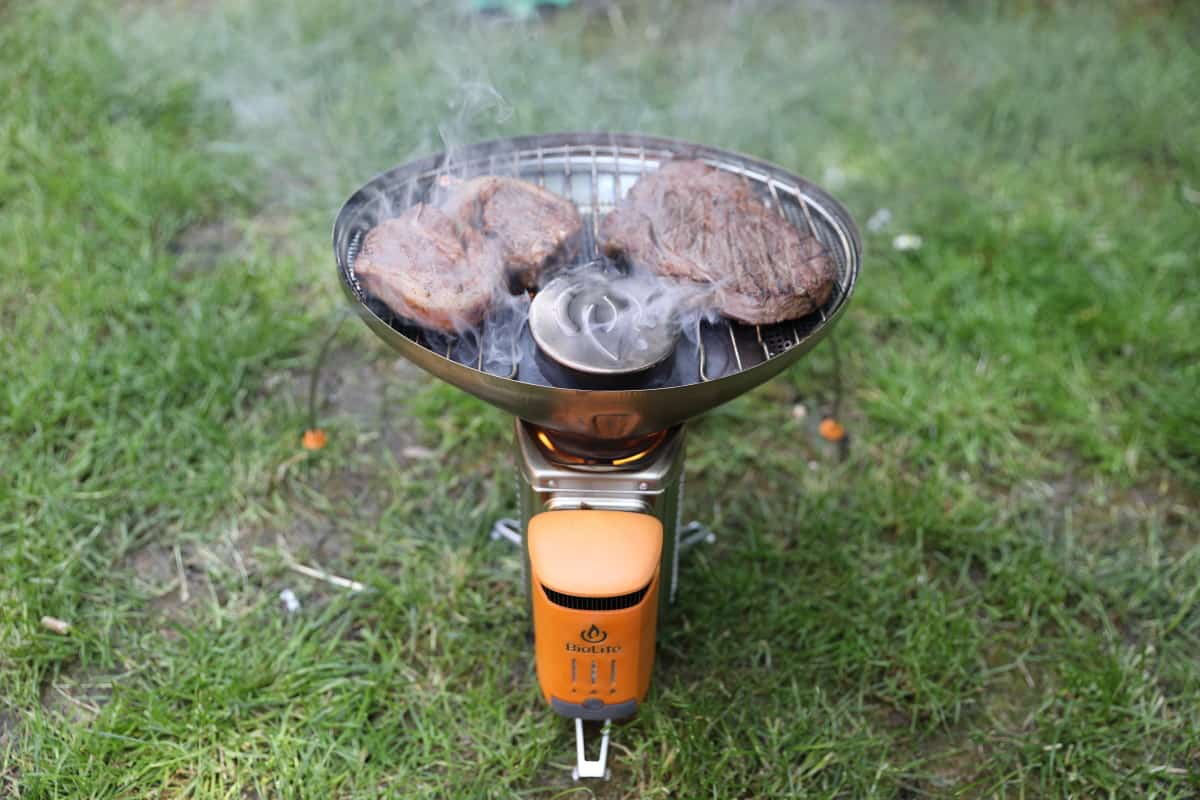 Smoke from lamb drippings on the Biolite CampStove grill.