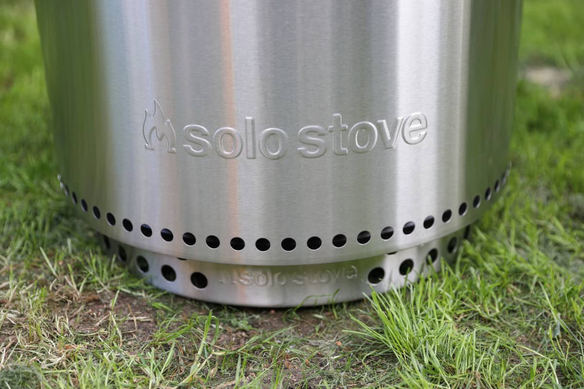 Close up of the holes on the outside of the Solo Stove Bonfire, and the logo.