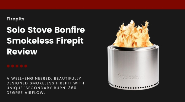 A Solo Stove Bonfire Firepit isolated on black, next to text describing this article as a review.