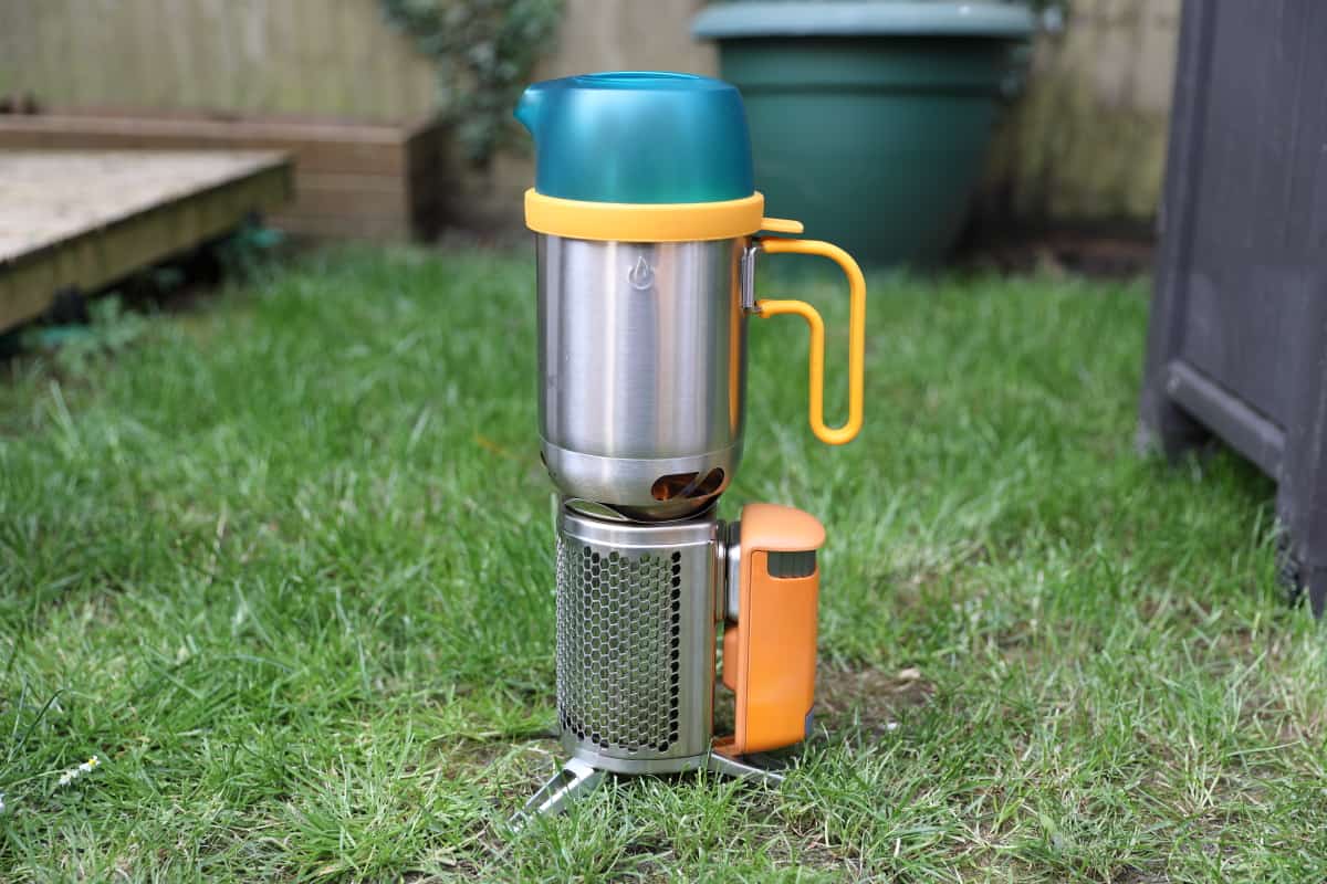 Biolite CampStove with the KettlePot accessory sat on top.