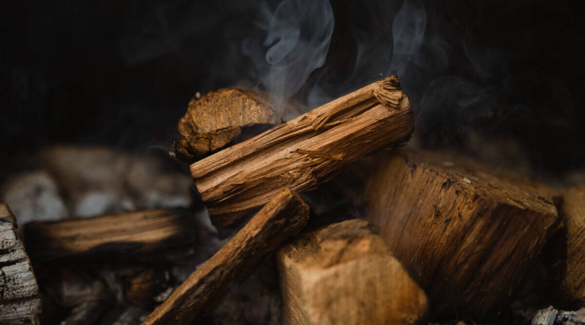 Some slowly smoldering hickory wood chunks sat on charcoal.