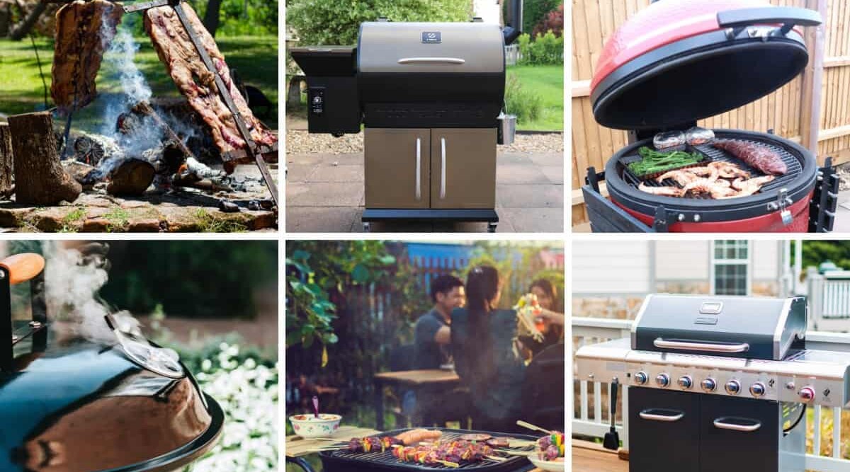 A grid of 6 photos showing different types of grills.