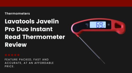A red Lavatools Javelin Pro Duo thermometer isolated on black, next to text describing this article as a review.