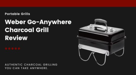 A Weber Go-Anywhere charcoal grill isolated on black, next to text describing this article as a review.