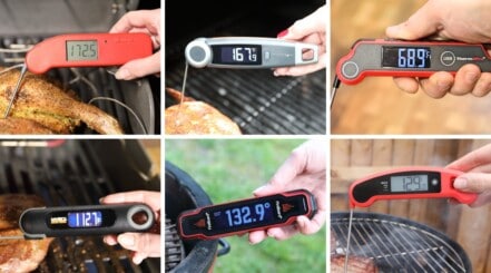 A selection of instant read thermometers in a 3x2 photo grid.