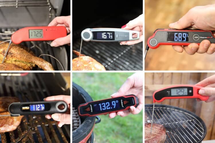 A selection of instant read thermometers in a 3x2 photo grid.